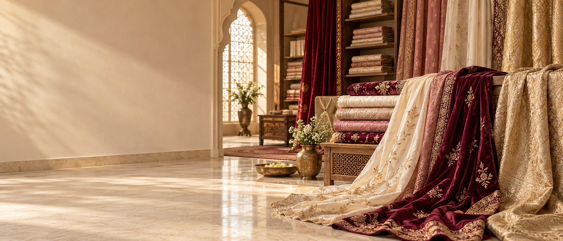 Curated embroidered fabrics at Najakat Vastram